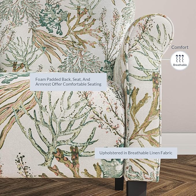 BELLEZE Modern Accent Chair for Living Room, High Back Linen Armchair with Wooden Legs, Upholstered Wingback Side Chair Padded Armrest Single Sofa for Living Room, Bedroom - Allston (Green Coral)