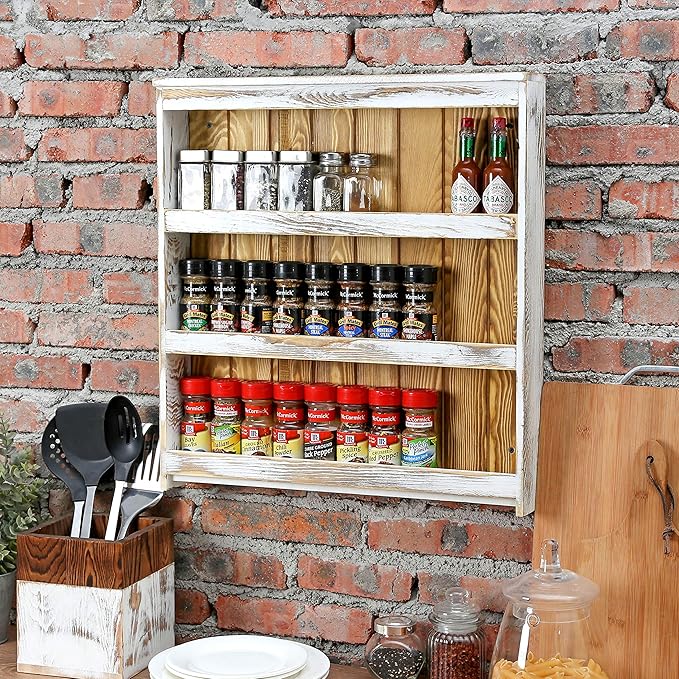 MyGift 3 Tier Wall Mounted Spice Rack, Shabby White Washed and Rustic Natural Burnt Solid Wood Kitchen Pantry Storage Shelf for Seasoning Jars or Condiment Bottles